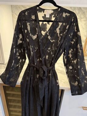 Vintage Black Lace Robe ✨ Sheer Romantic Duster L/XL Tie Waist